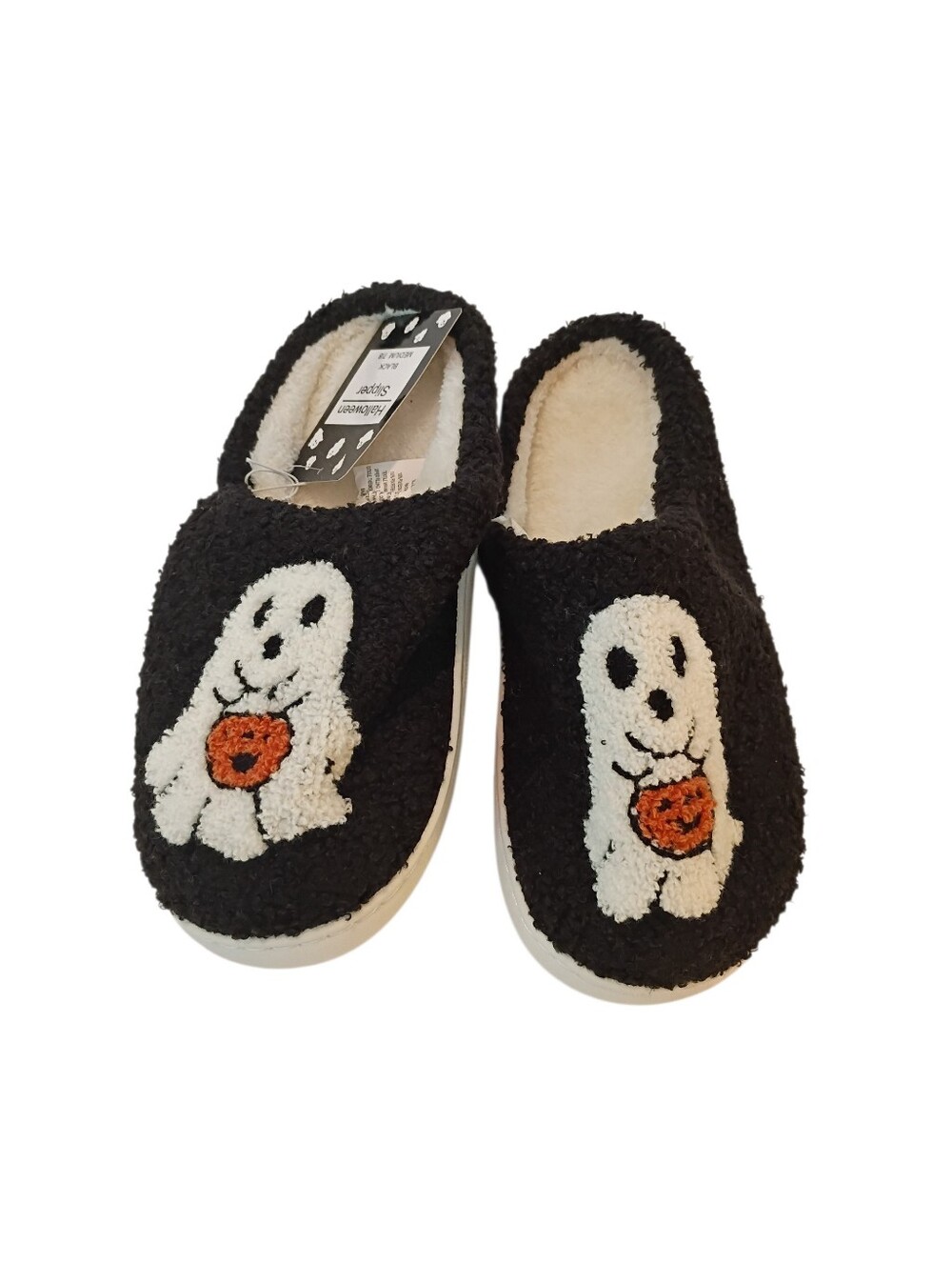 halloween slippers womens size 7/8 black orange white faux fur house shoes